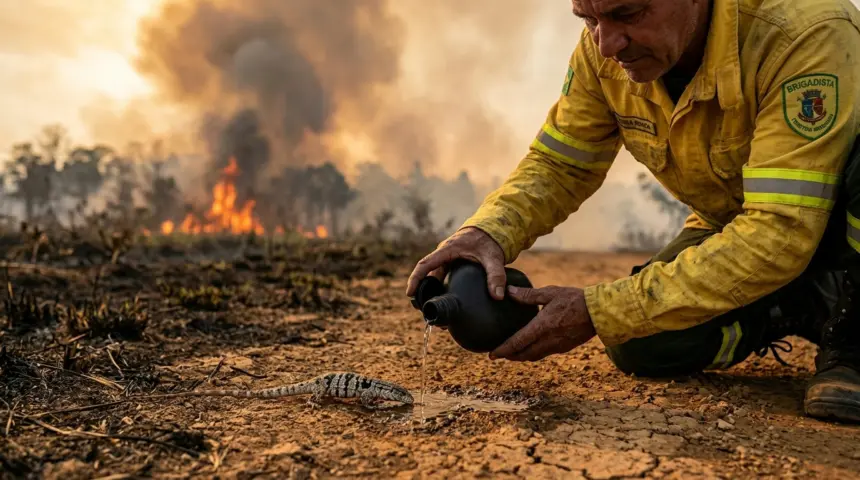 Brigadista resgata lagarto durante incêndio florestal no Parque Estadual de Terra Ronca Brigadista resgata lagarto durante incêndio florestal no Parque Estadual de Terra Ronca