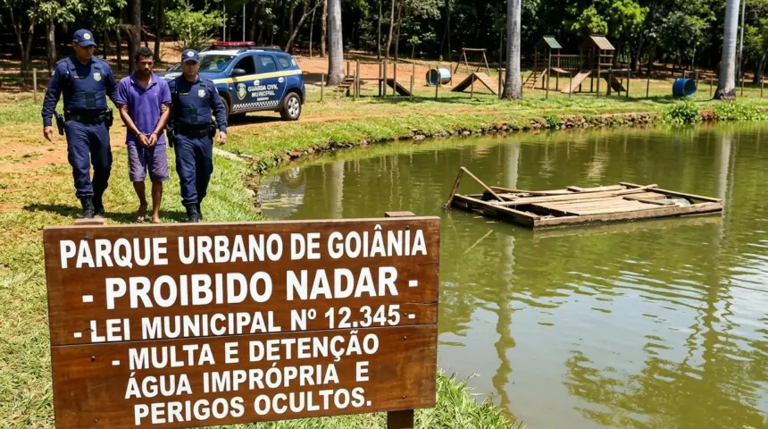 Homem é detido pela Guarda Civil após nadar em lago proibido em Goiânia
