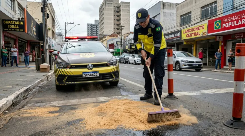 Serragem é utilizada por agentes para conter óleo em via movimentada de Goiânia Serragem é utilizada por agentes para conter óleo em via movimentada de Goiânia