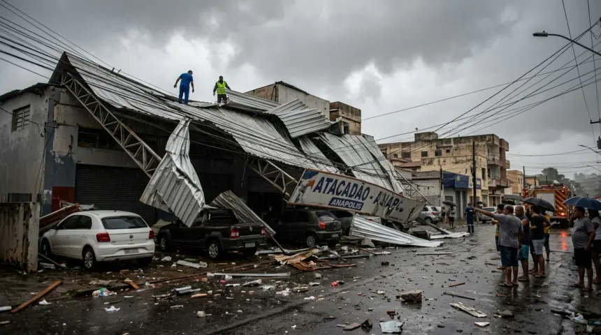 Temporal com ventos fortes causa destruição em comércios de Anápolis Temporal com ventos fortes causa destruição em comércios de Anápolis